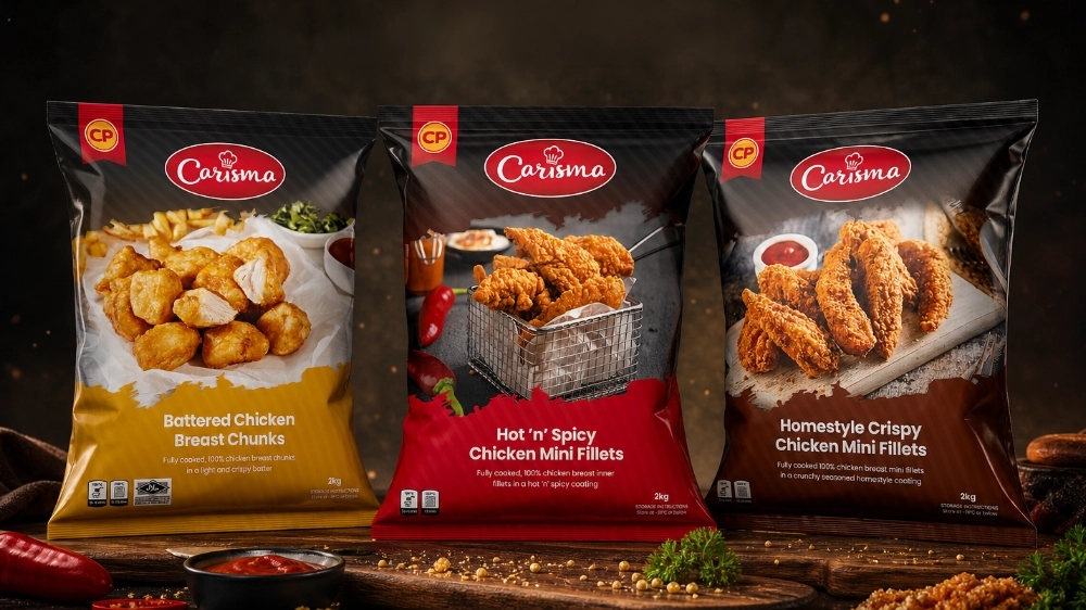 Carisma chicken range packaging: battered chunks, hot 'n' spicy and homestyle crispy fillets