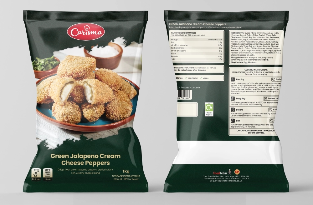 Carisma green jalapeno cream cheese peppers bag, front and back