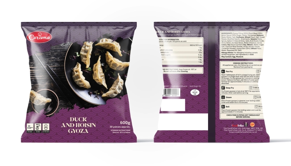 Carisma duck and hoisin gyoza bag, front and back