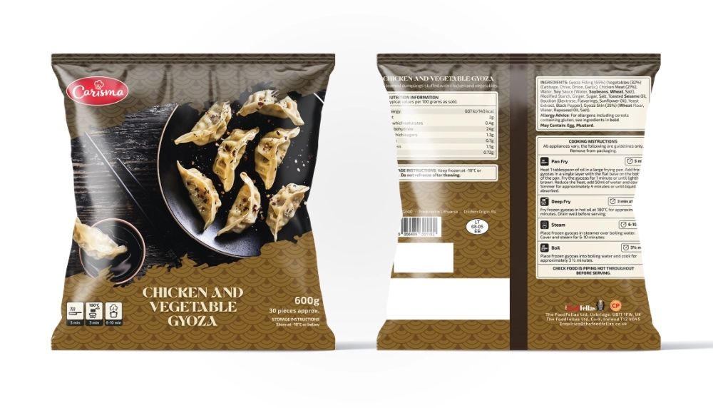 Carisma chicken and vegetable gyoza bag, front and back