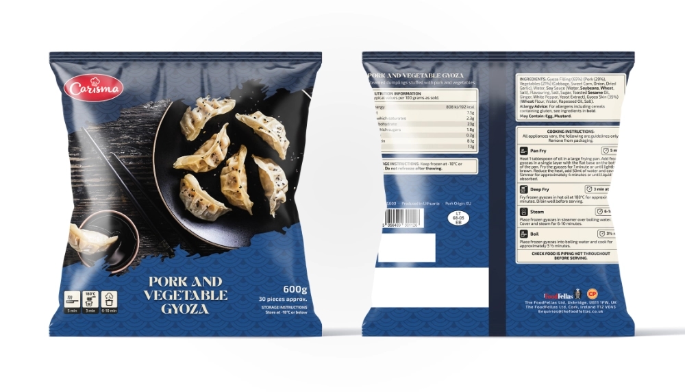 Carisma pork and vegetable gyoza bag, front and back
