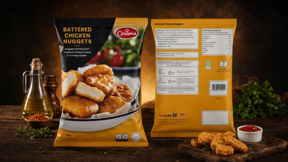 Carisma battered chicken nuggets bag, front and back