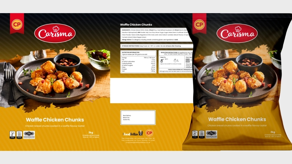 Carisma waffle chicken chunks packaging artwork and finished bag