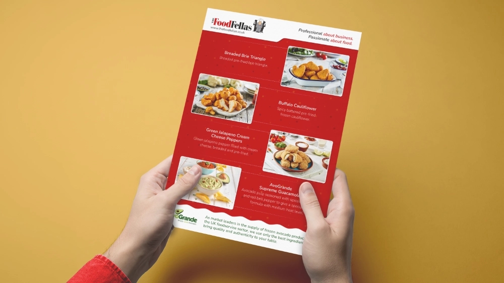The FoodFellas product flyer featuring brie, buffalo cauliflower and jalapeno peppers
