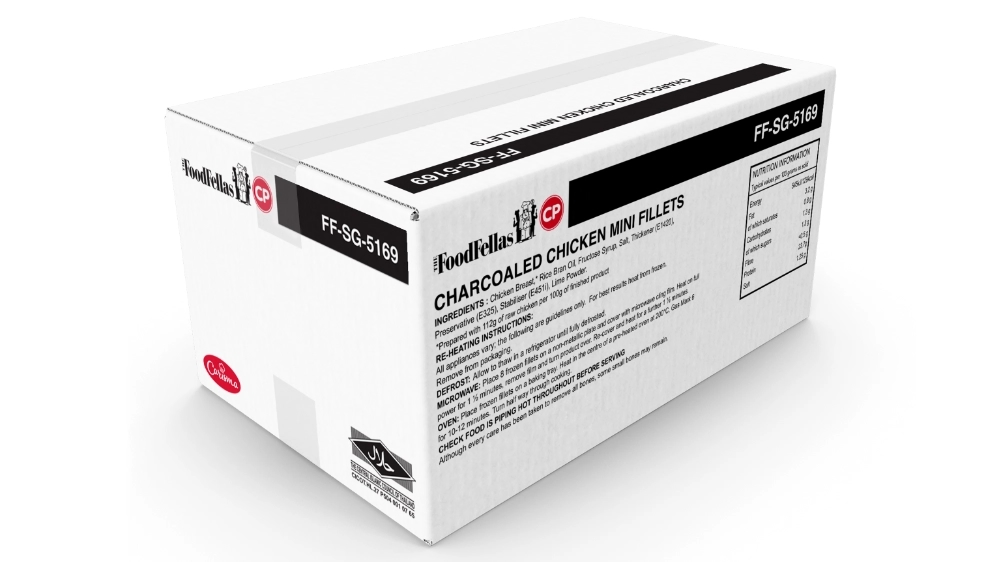 The FoodFellas outer carton for charcoaled chicken mini fillets