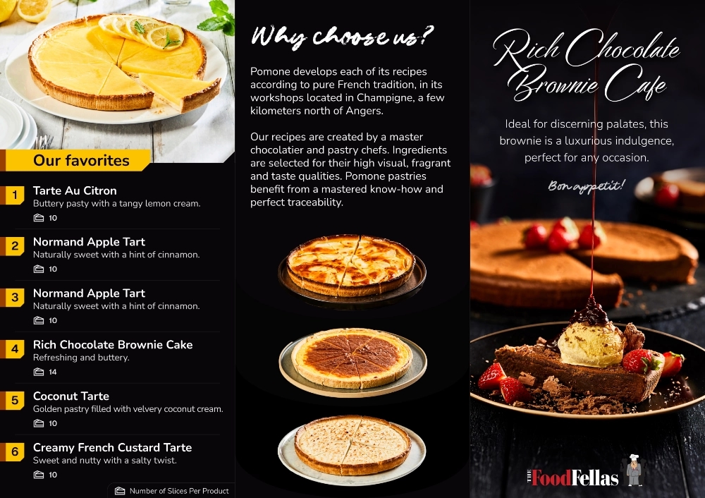 The FoodFellas dessert brochure featuring Pomone tarts and brownie cake