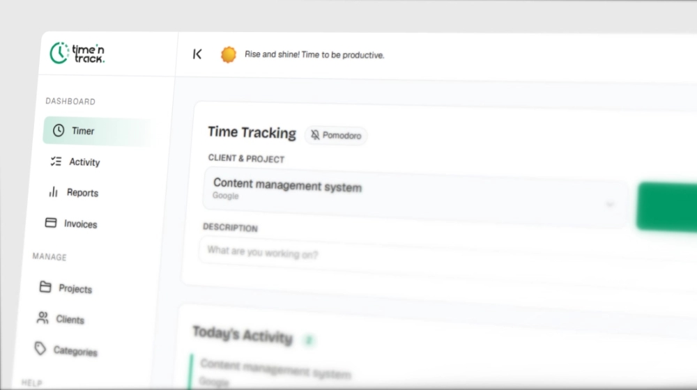 Close-up of the Time 'N Track timer and sidebar navigation