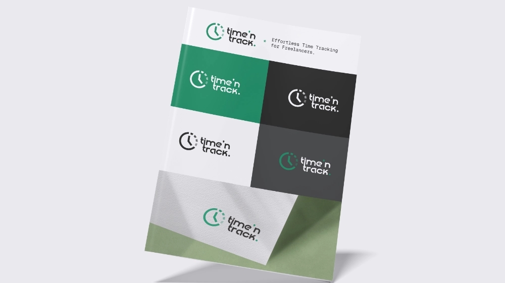 Time 'N Track brand guide cover showing the logo on green, dark and light backgrounds