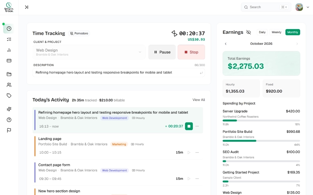 Time 'N Track dashboard with a running timer, today's activity and monthly earnings
