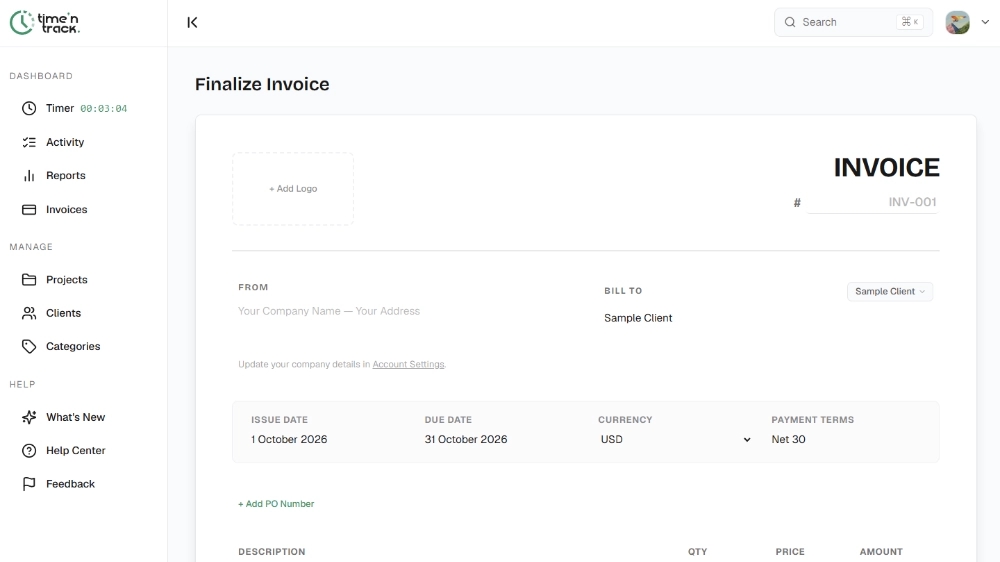 Creating an invoice from tracked time in Time 'N Track