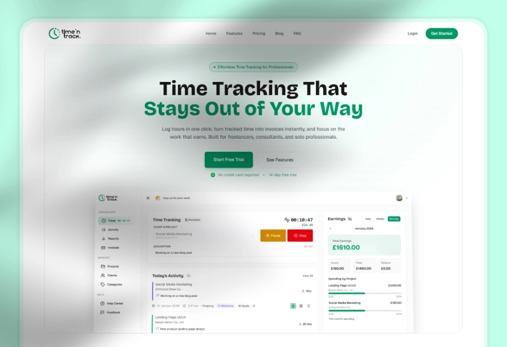 Time 'N Track landing page with the timer dashboard below the hero