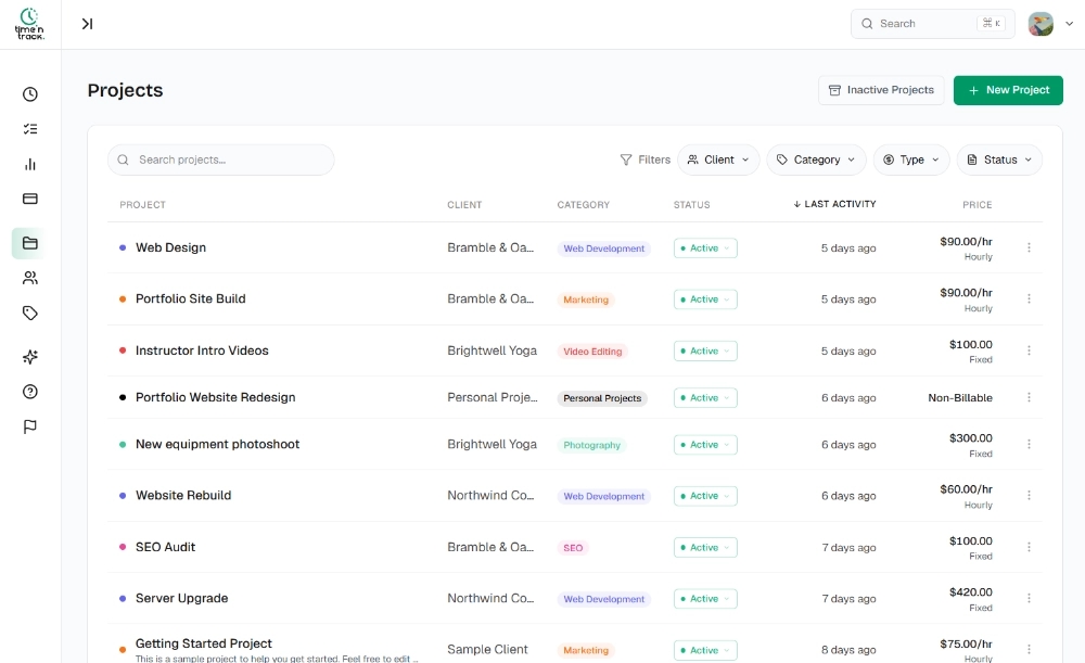 Projects list with client, category, status and hourly or fixed pricing