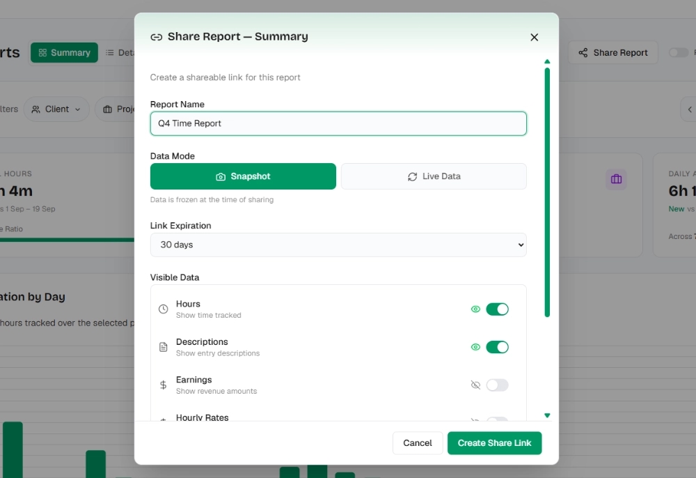 Creating a shareable link for a time report, with snapshot or live data