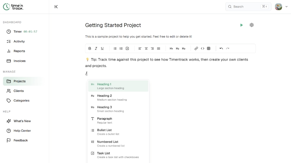 Rich text editor for project notes with a slash command menu